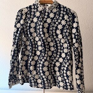 IVANKA IN PARIS Blue White Embroidered Cotton Blouse Romantic Cottagecore